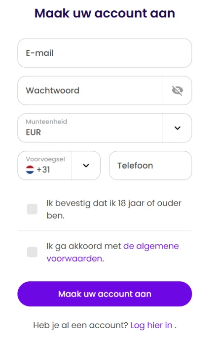 Winnerz Casino account aanmaken Winnerz Casino registratieformulier met e-mail, wachtwoord en telefoonnummer